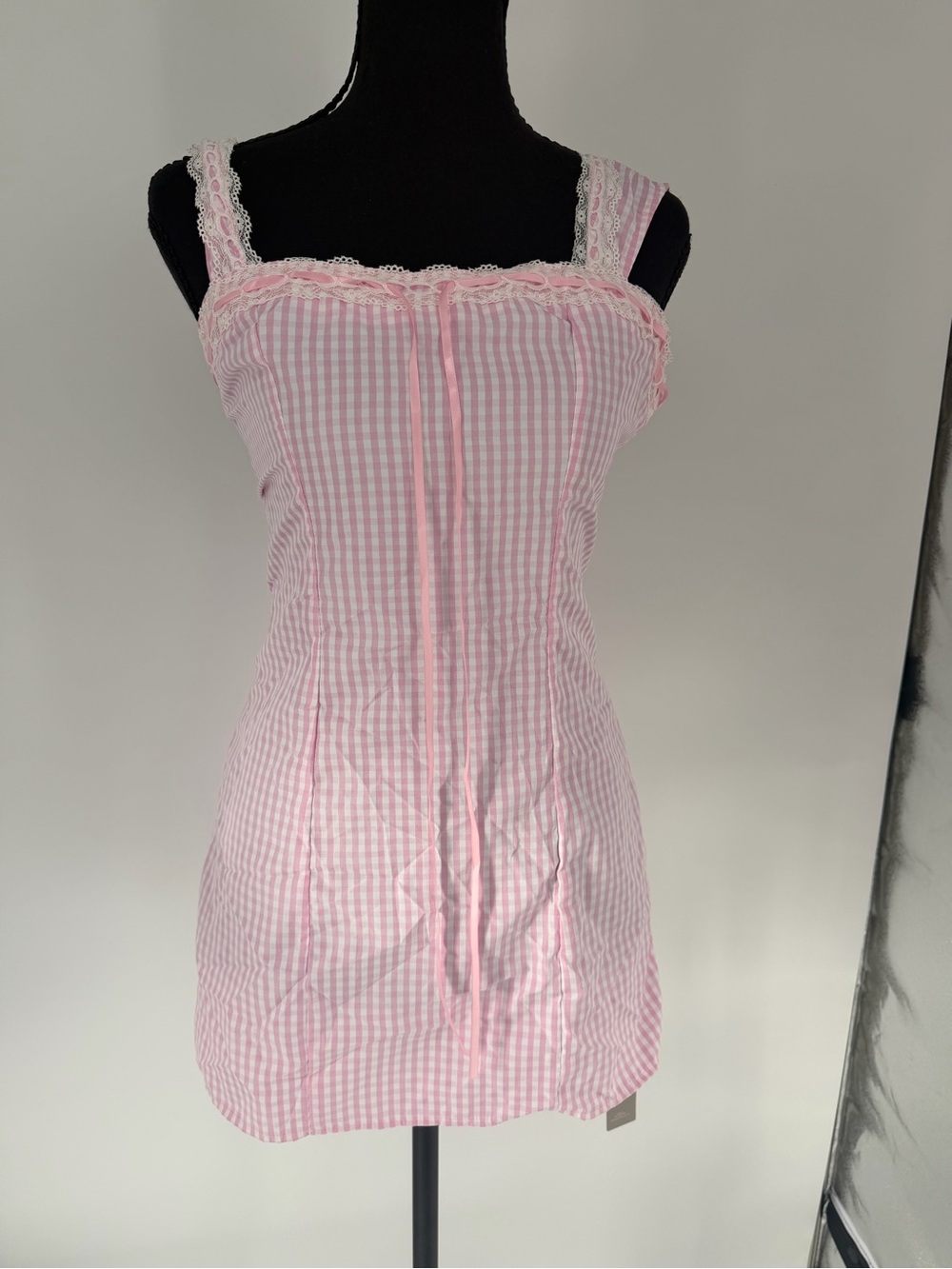 Misguided Pink Gingham Lace-Trim Slip Dress